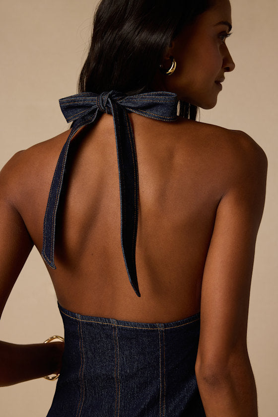Keira Dark Wash Denim Halter Mini Dress