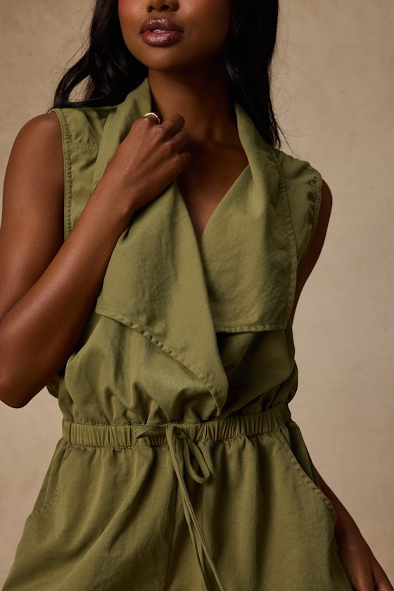 Ira Olive Green Collared Drawstring Romper