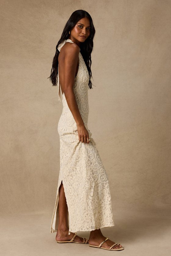 Rayanna Cream Crochet Halter Maxi Dress