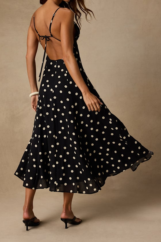 Oraya Black Polka Dot Tie-Back Midi Dress