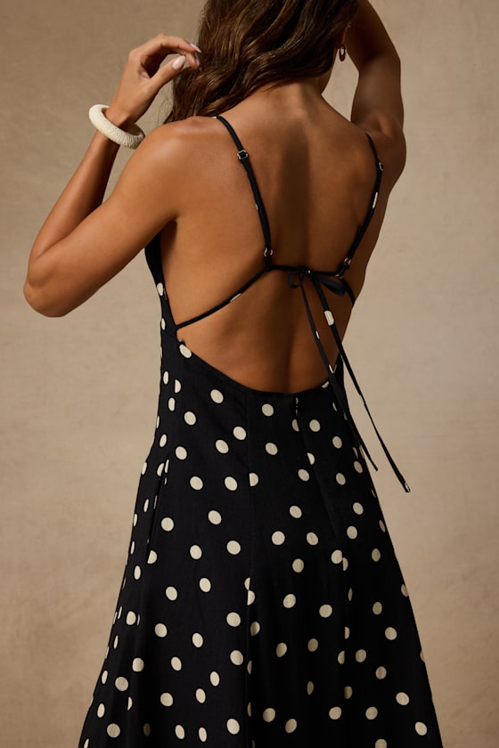 Oraya Black Polka Dot Tie-Back Midi Dress