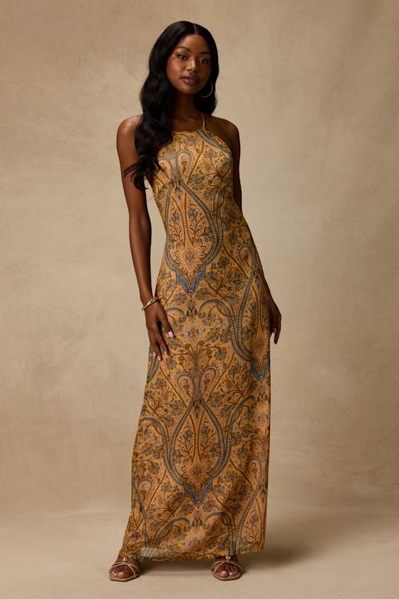 Abra Yellow Multi Boho Print Beaded Maxi Dress