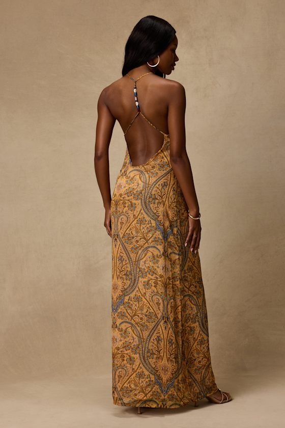 Abra Yellow Multi Boho Print Beaded Maxi Dress