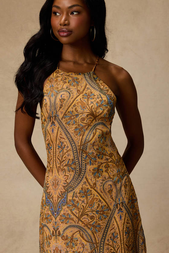 Abra Yellow Multi Boho Print Beaded Maxi Dress