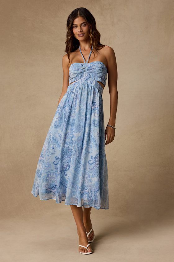 Dimitra Light Blue Paisley Print Halter Midi Dress
