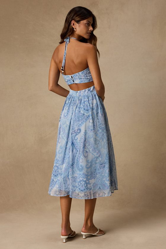 Dimitra Light Blue Paisley Print Halter Midi Dress