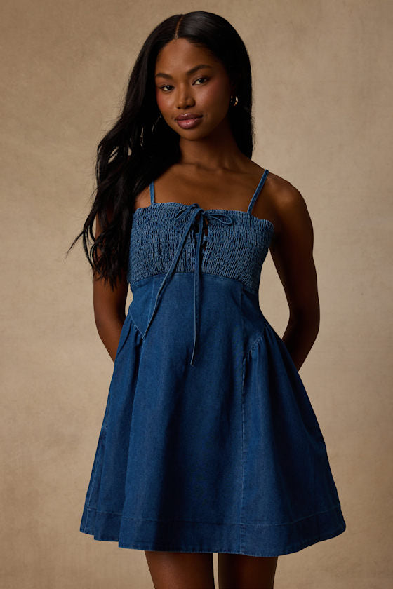 Laylie Medium Wash Smocked Mini Dress