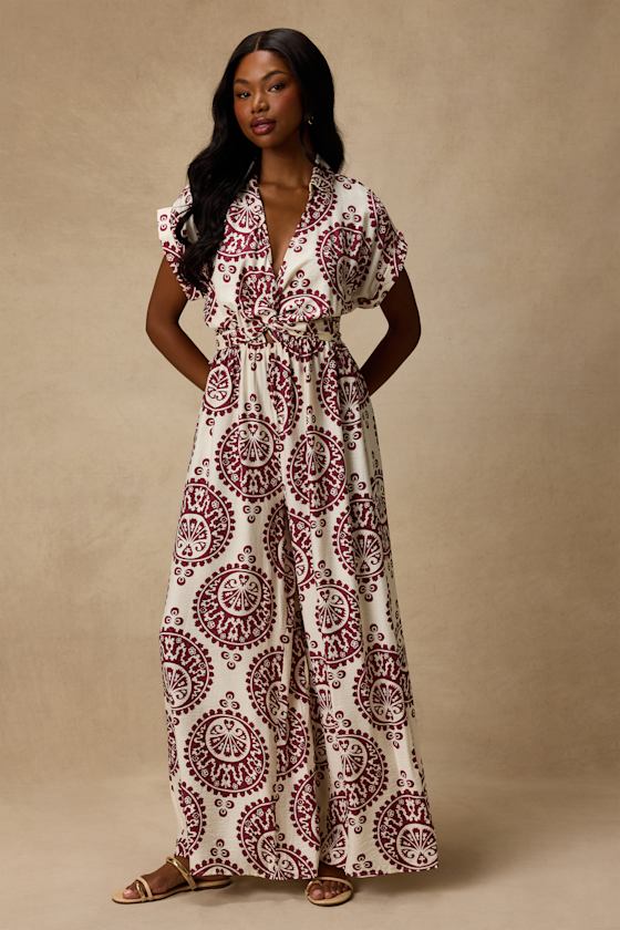 Dolla White and Magenta Boho Print Wide-Leg Jumpsuit