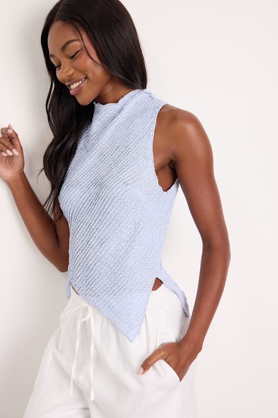 Kye Light Blue Crochet Lace Asymmetrical Tank Top