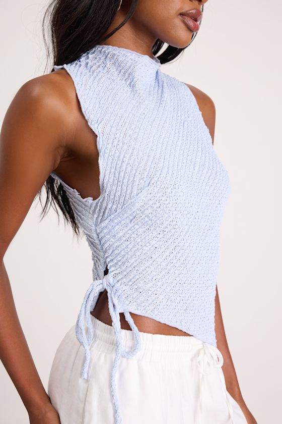 Kye Light Blue Crochet Lace Asymmetrical Tank Top