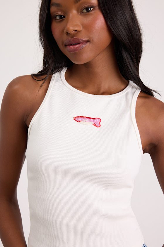 Going Swimmingly White Beaded Graphic Tank Top