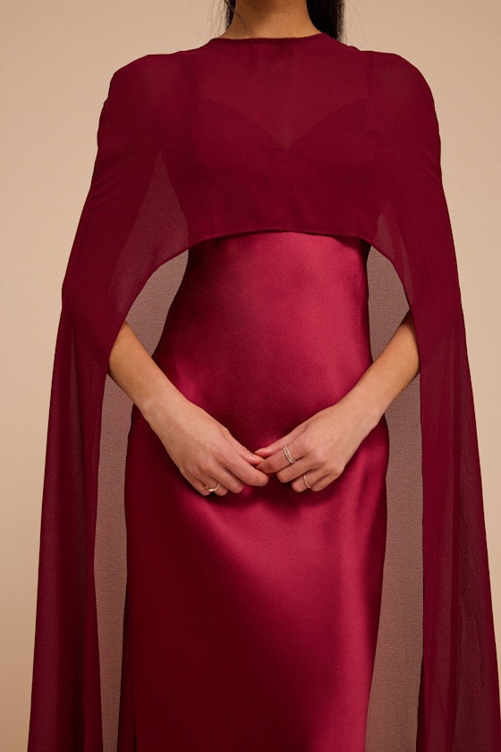 Cavana Burgundy Satin Cape Maxi Dress