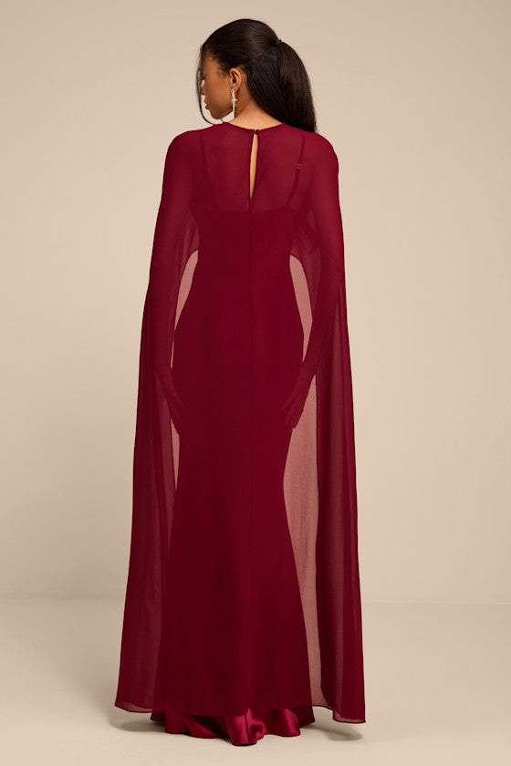 Cavana Burgundy Satin Cape Maxi Dress