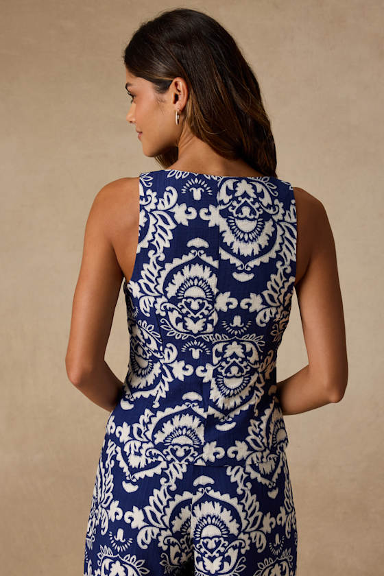 Caliana Blue and Ivory Boho Print Button-Up Top