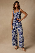 Caliana Blue and Ivory Boho Print Wide-Leg Pants