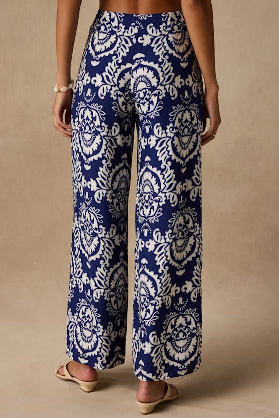 Caliana Blue and Ivory Boho Print Wide-Leg Pants