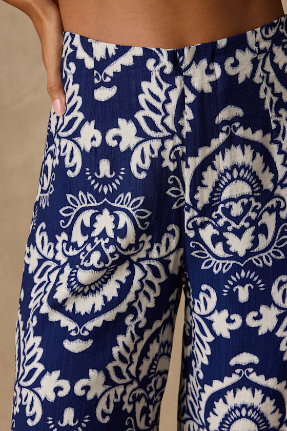 Caliana Blue and Ivory Boho Print Wide-Leg Pants