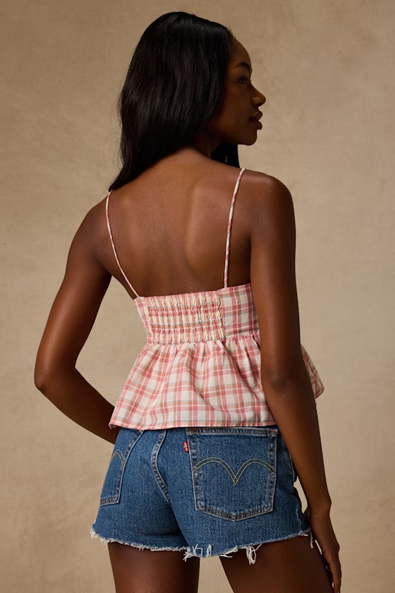 Delilah Ivory Multi Plaid Peplum Tank Top