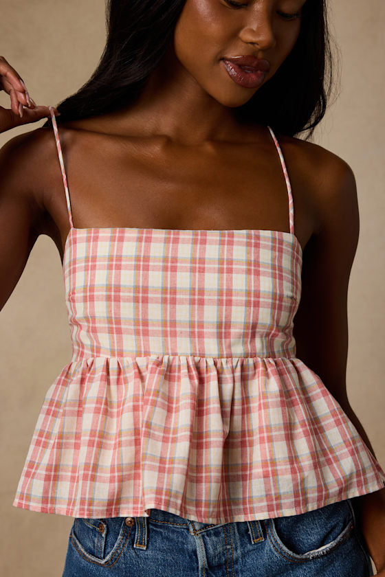 Delilah Ivory Multi Plaid Peplum Tank Top