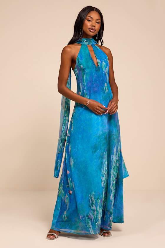 Calixta Blue Abstract Chiffon Sash Shift Maxi Dress
