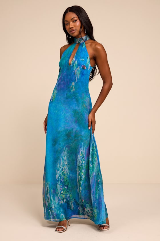 Calixta Blue Abstract Chiffon Sash Shift Maxi Dress