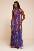 Calixta Purple Abstract Chiffon Sash Shift Maxi Dress