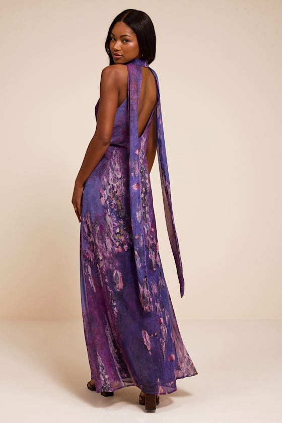 Calixta Purple Abstract Chiffon Sash Shift Maxi Dress