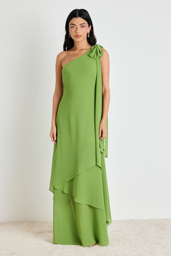 Camellia Bright Green One-Shoulder Bow Maxi Dress