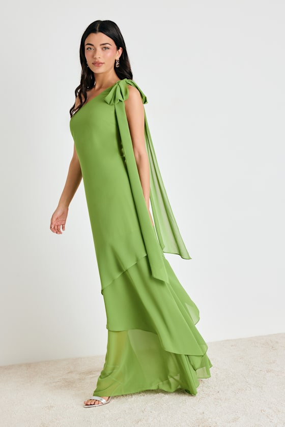 Camellia Bright Green One-Shoulder Bow Maxi Dress