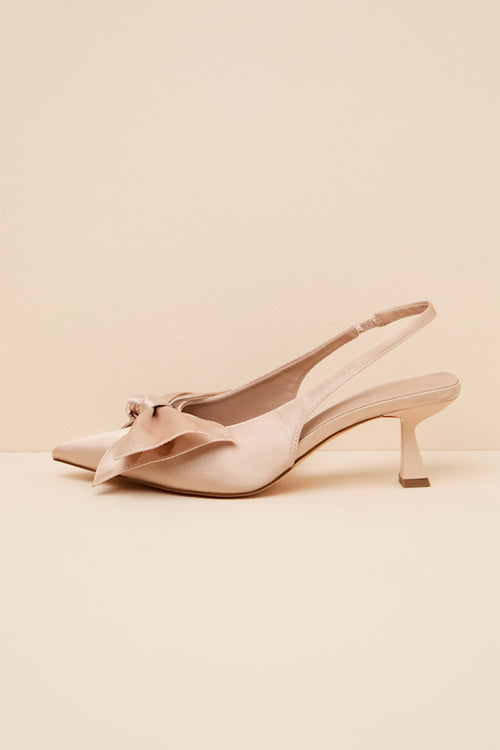 Tiersa Beige Satin Bow Slingback Kitten Heel Pumps