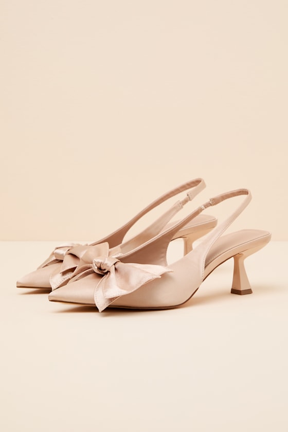 Tiersa Beige Satin Bow Slingback Kitten Heel Pumps
