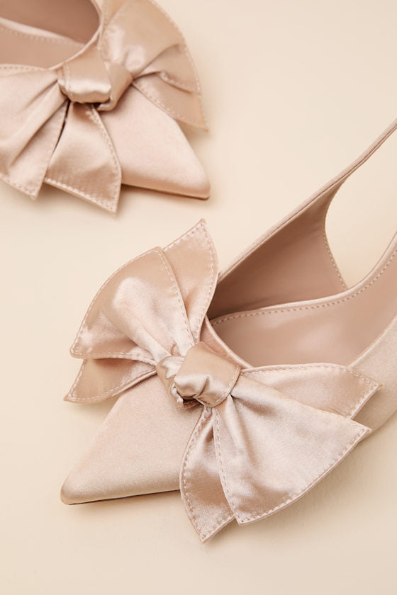 Tiersa Beige Satin Bow Slingback Kitten Heel Pumps
