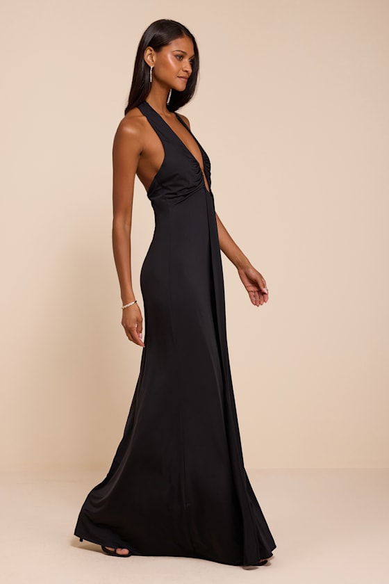 Dorena Black Jersey Knit Halter Sash Maxi Dress