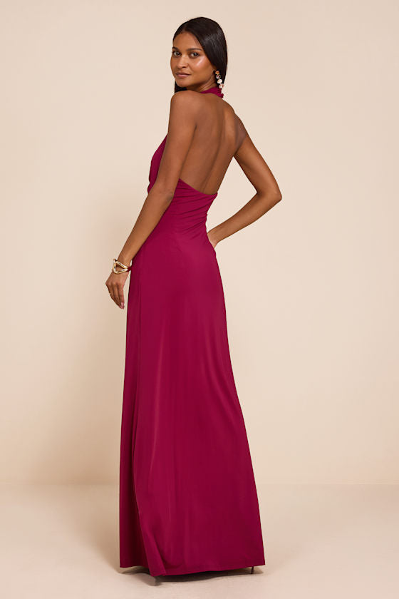 Dorena Berry Red Jersey Knit Halter Sash Maxi Dress