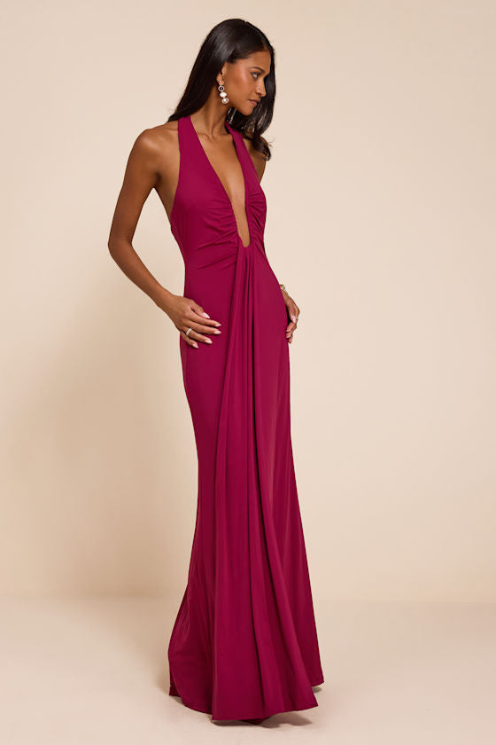 Dorena Berry Red Jersey Knit Halter Sash Maxi Dress