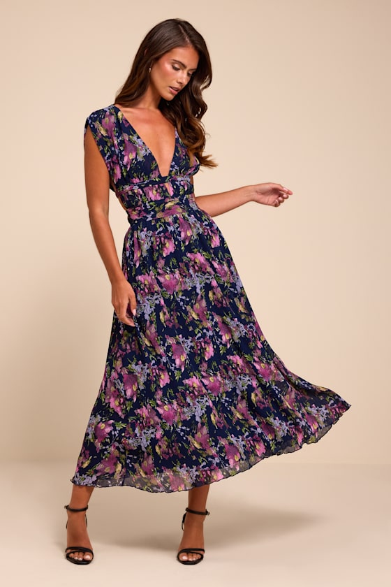 Taylen Navy Multi Floral Plisse Midi Dress