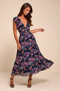Taylen Navy Multi Floral Plisse Midi Dress