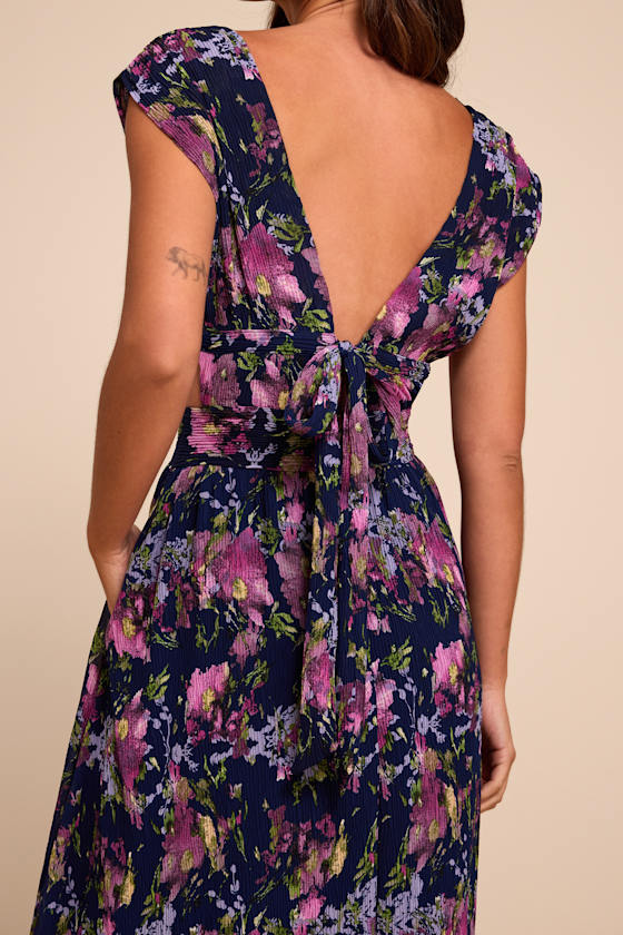 Taylen Navy Multi Floral Plisse Midi Dress
