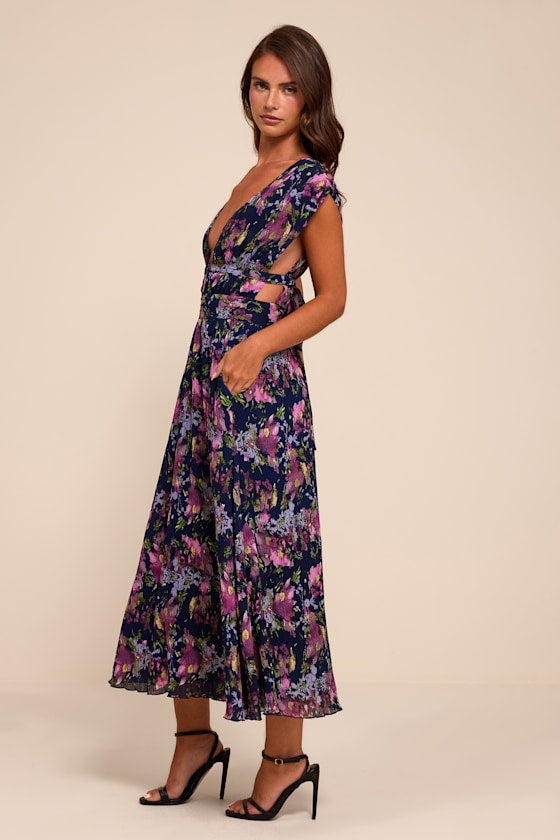 Taylen Navy Multi Floral Plisse Midi Dress
