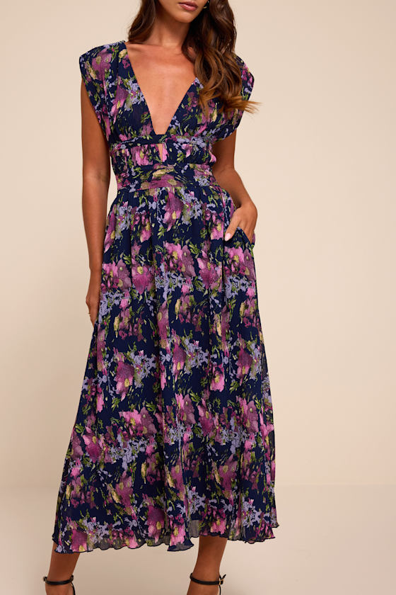Taylen Navy Multi Floral Plisse Midi Dress