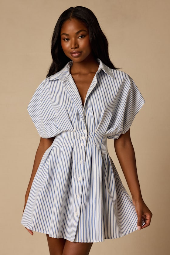 Lisha Blue and Ivory Striped Collared Mini Dress