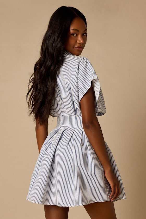 Lisha Blue and Ivory Striped Collared Mini Dress