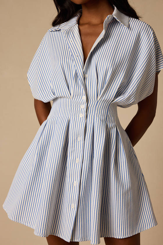 Lisha Blue and Ivory Striped Collared Mini Dress