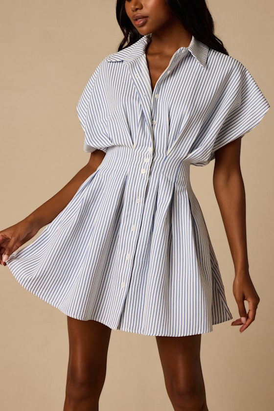 Lisha Blue and Ivory Striped Collared Mini Dress