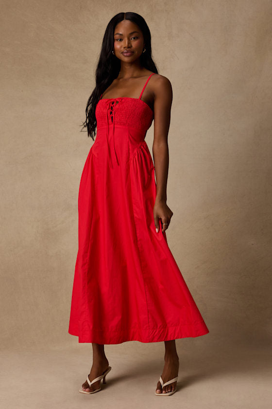 Laylie Red Poplin Lace-Up Midi Dress
