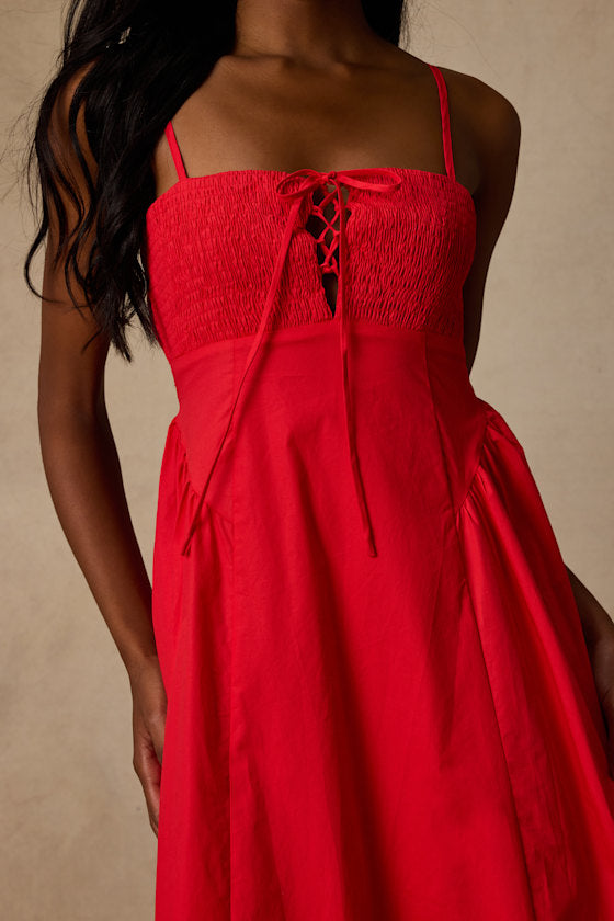 Laylie Red Poplin Lace-Up Midi Dress