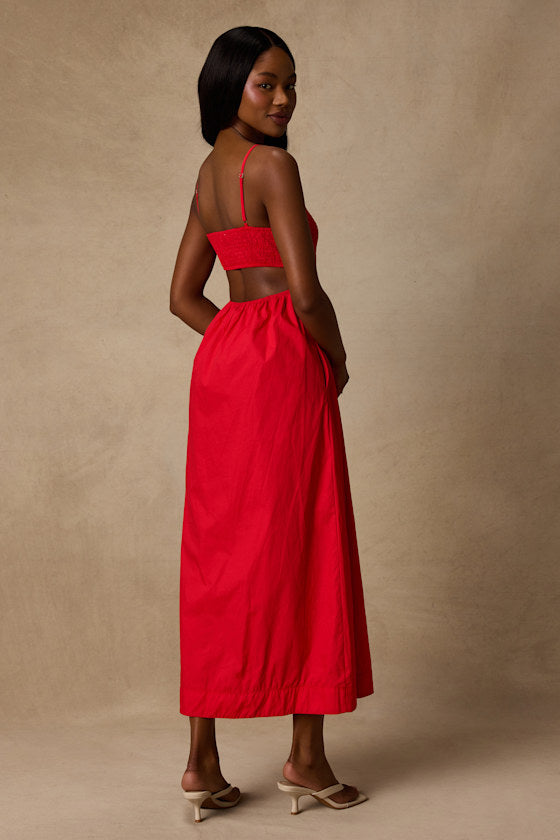 Laylie Red Poplin Lace-Up Midi Dress
