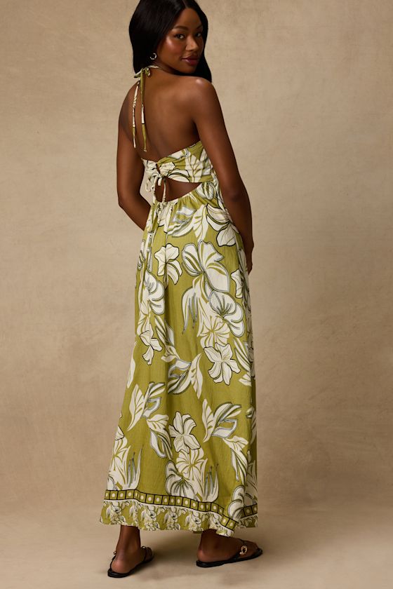 Cheri Light Green Floral Halter Midi Dress