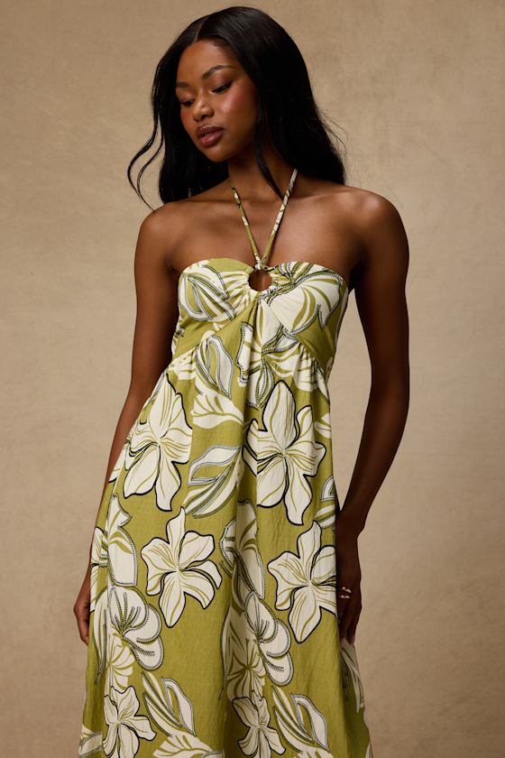 Cheri Light Green Floral Halter Midi Dress