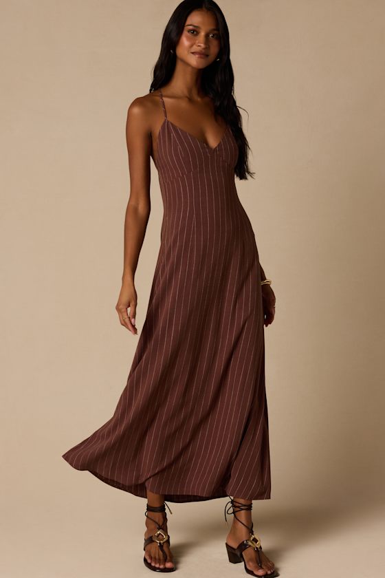 Lilly Brown Pinstriped Tie-Back Midi Dress